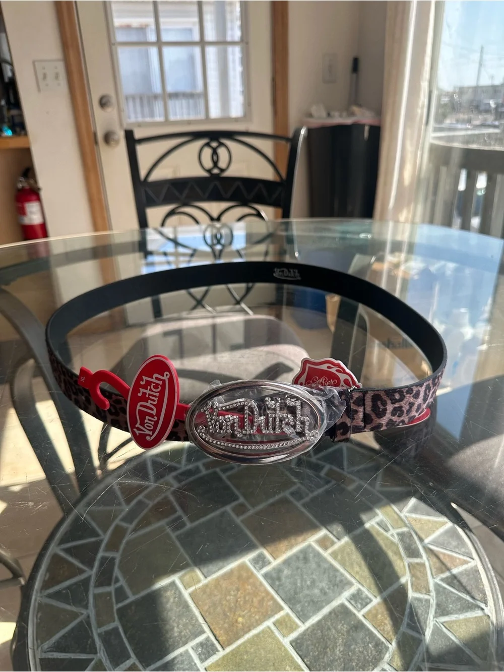Von Dutch Leopard Print Rhinestone Logo Belt BNWT Size S / XL